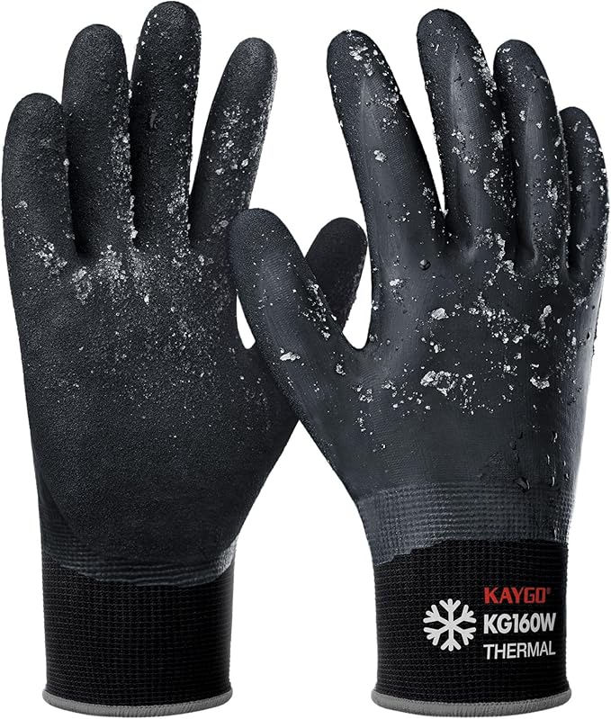 KAYGO Winter Waterproof Work Gloves for Men and Women, Thermal Insulated Freezer Rubber Coated Gloves,Super Grip, KG160 (L, Black)