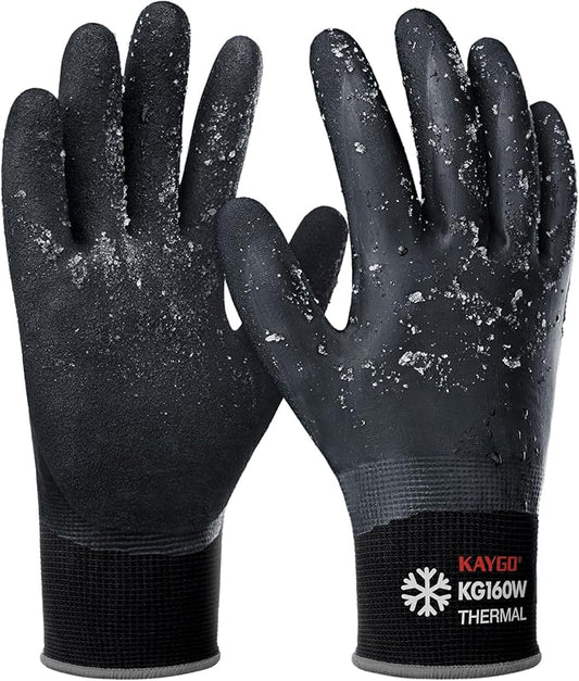 KAYGO Winter Waterproof Work Gloves for Men and Women, Thermal Insulated Freezer Rubber Coated Gloves,Super Grip, KG160 (L, Black)