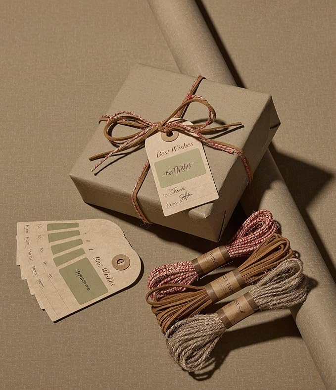 Vitalizart Textured Wrapping Paper Set 17" Roll Twine Ribbons & Tags Extra Thick All-in-One Neutral Tan Kraft Christmas Gift Wrap Birthday Baby Shower Wedding Crafts Vintage Minimalist Housewarming Flower Book