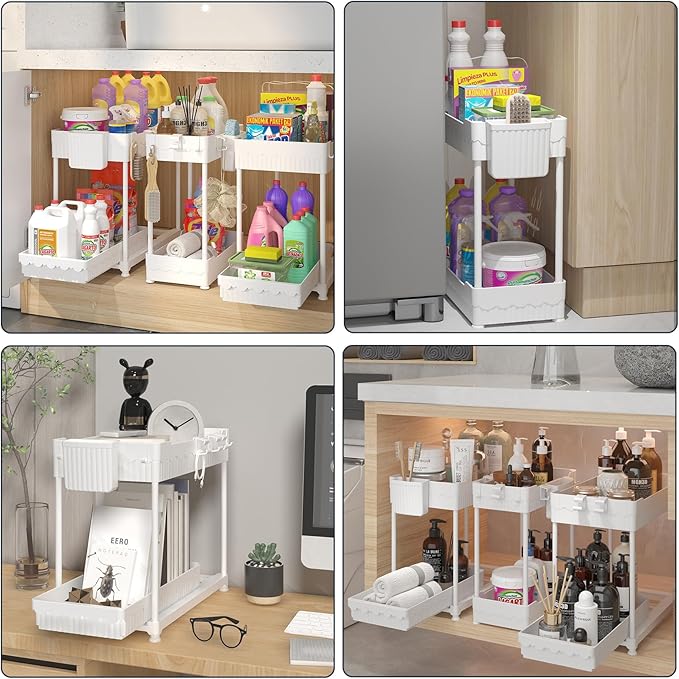 3 Pack Under Sink Organizers, 2-Tier Multi-Use Kitchen and Bathroom Organizers and Storage with Sliding Drawers, Bathroom Cabinet Organizer (White, 12.8 Inch)