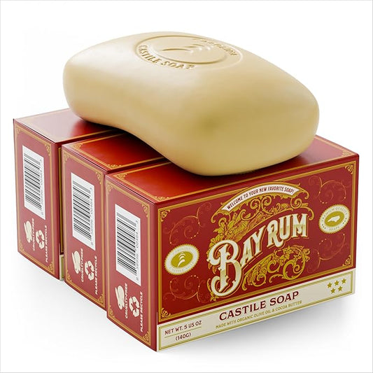 Carolina Castile Soap Vegan Bay Rum Castile Bar – 3 Bars of Natural Soap for Men, Women, and Kids – Gentle, Hydrating Castile Bars with Organic Cocoa Butter and Olive Oil, 5 Oz. Each