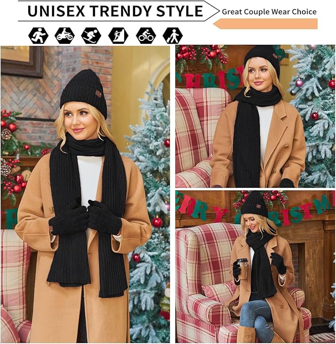 Womens Winter Knit Warm Hat Beanie Long Scarf Touch Screen Gloves Set Skull Caps Neck Scarves for Women