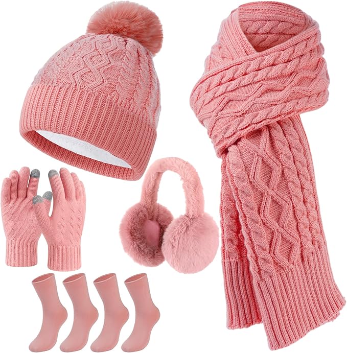 Geyoga 6 Pcs Winter Warm Set for Women Warm Beanies Hats Touchscreen Gloves Long Scarf Ear Muffs Socks Winter Gifts for Women