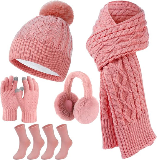 Geyoga 6 Pcs Winter Warm Set for Women Warm Beanies Hats Touchscreen Gloves Long Scarf Ear Muffs Socks Winter Gifts for Women