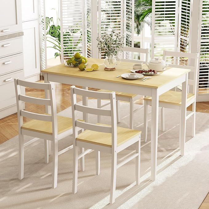 NAFORT Kitchen Table Set for 4, Solid Wood Dining Table and Chairs Set of 4, Farmhouse Dinner Table Set w/Rubber Wood Legs, Mid-Century Modern Dinette Set for Kitchen, Dining Room