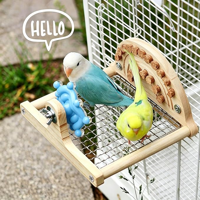 Bird Perches Platform,Stainless Steel Bird Stand with Rotating Spinner & Natural Cork Chew Toy,9.1''L*6.5''W*4.3''H Grid Parrot Perch Stand Shelf,Bird Cage Accessories for Small/Medium Parrots