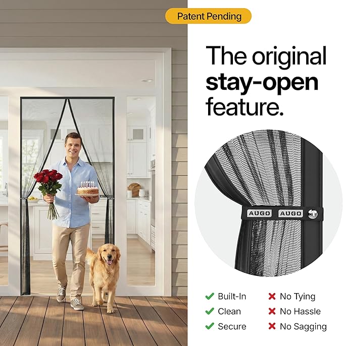 AUGO Magnetic Fiberglass Screen Door - Self Sealing, Heavy Duty, Hands Free Mesh Partition Keeps Bugs Out - Door Screen Magnetic Closure - Patent Pending Keep Open Feature - 34 Inch x 81 Inch