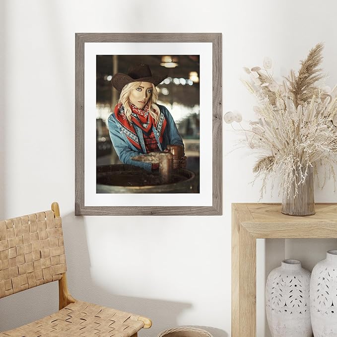 22x28 Picture Frame, Solid Elm Wood Picture Frame with Real Glass, Large Rustic Poster Frame 22"x28", matted to 18x24, 22 by 28 Wooden Frame for Vertical & Horizontal Wall Hanging, Grey, 1 Pack