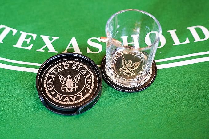 US Navy Leather Coaster Set - 4 Premium Coasters with Hot Stamped Foil Logo - Navy Gifts for Sailors | Disabled Vet Owned Business