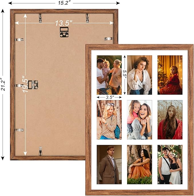 13.5X19.5 Collage frame with 9 Openings 4X6 Pictures, Multiple Picture Frame with Mat, Wall or Tabletop Decor, Carbonized Brown Wood Grain,2 Pack
