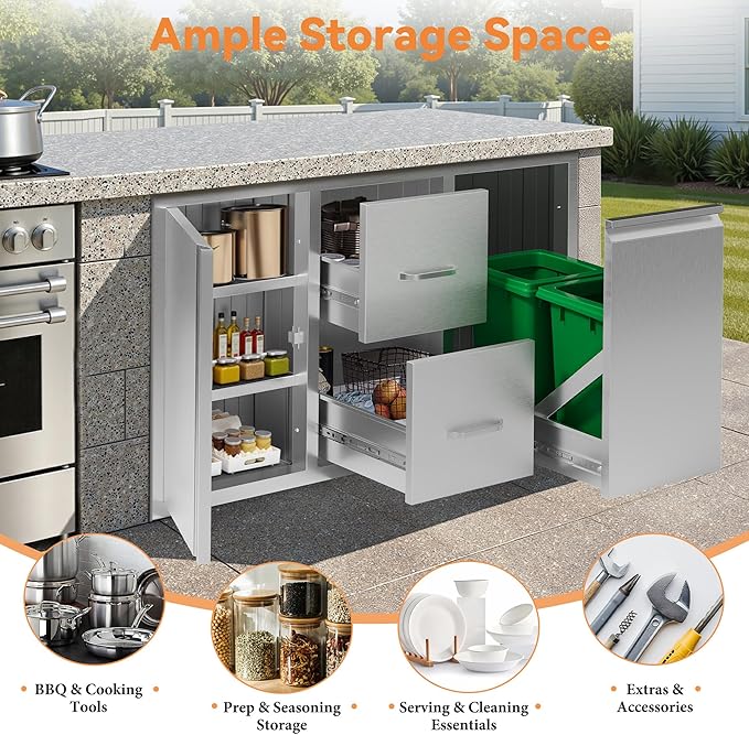 Jocisland 41.5" W20 D23 H Stainless Steel Outdoor Kitchen Drawers, Double Drawers with Trash Drawer & Door, 3-Tier Cabinet, Built-in BBQ Island Storage for Outdoor Kitchens