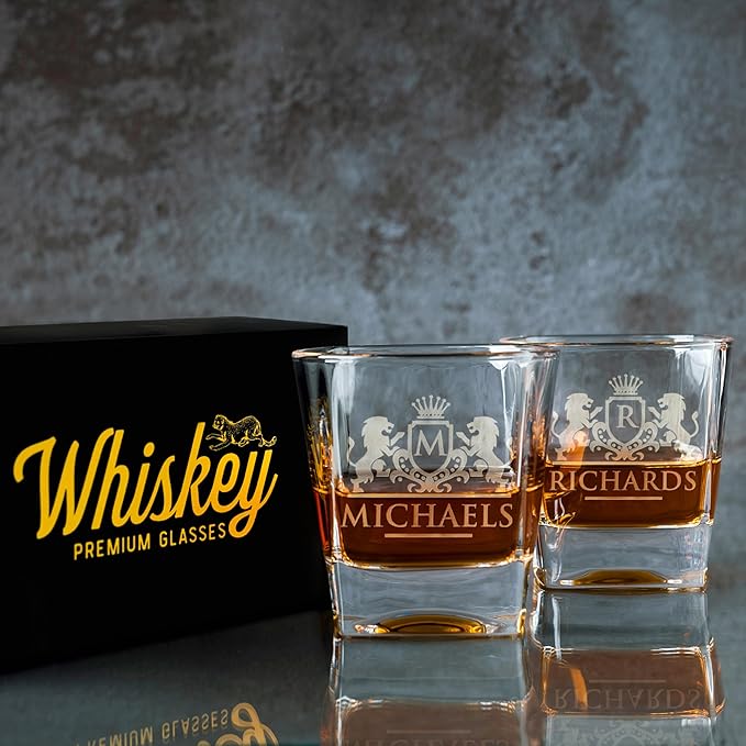 Amazing Items Set of 2 - Personalized Whiskey Glasses w/Name & Initial - 9 Designs - 9 oz, Limited Edition Monogrammed Rocks Glasses for Dad Gifts