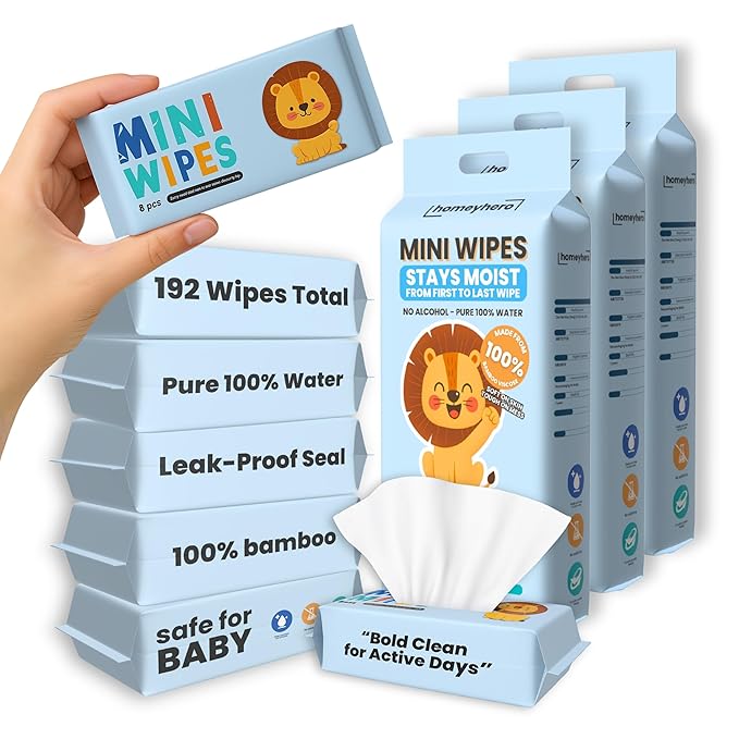 Mini Wet Wipes - Alcohol & Fragrance Free, Safe for Babies & Kids - 24 Bags Total 192 Wipes (Sky Lion)