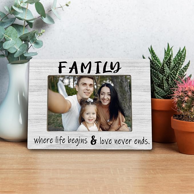 Family 4x6 Picture Frame, Family Reunion Gifts Photo Frame, Where Life Begins Love Never Ends Wooden Picture Frames for Wall or Tabletop Display