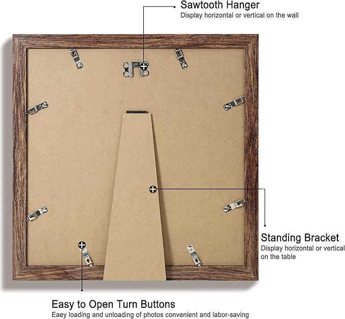 iRahmen 12x12 Picture Frame Set of 4 with Tempered Glass, Rustic Frame Display 10x10 Pictures with Mat or 12 x 12 Without Mat, Wood Square Photo Frames for Desktop Display and Wall Mounting