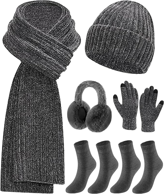 Geyoga 6 Pcs Winter Knit Set Beanie Hat Long Scarf Touchscreen Gloves Ear Muff Socks Warm Valentine Gift for Women Men Snow(Dark Grey,Classic Style)