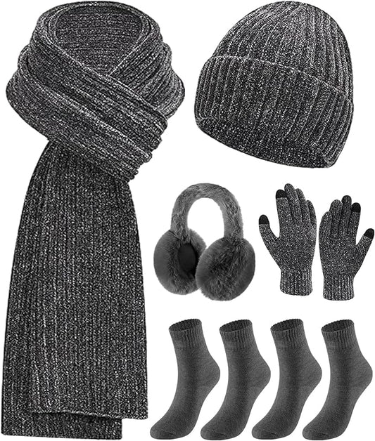 Geyoga 6 Pcs Winter Knit Set Beanie Hat Long Scarf Touchscreen Gloves Ear Muff Socks Warm Valentine Gift for Women Men Snow(Dark Grey,Classic Style)