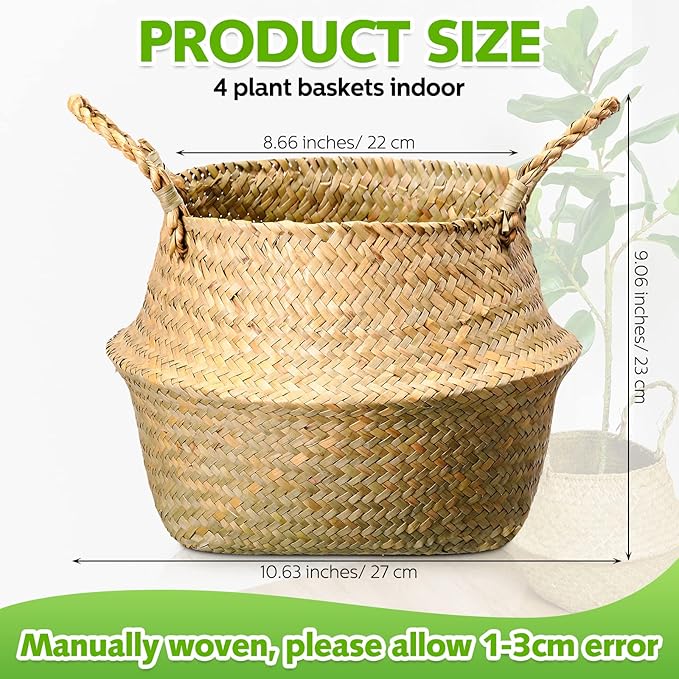 Qunclay 4 Pcs Woven Seagrass Baskets Belly Basket Folding Boho Natural Plant Pot with Handles Round Decorative Wicker Large Indoor Planter for Home Outdoor Tree Planters Decor (9 x 11 Inch)