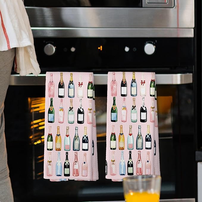 Pink Champagne Kitchen Towels Set of 2, Champagne Accessories Home Bar Bathroom Decor, Champagne Gifts for Women, Cocktail Gift Bachelorettes Decorative Tea Dish Towels 16x24 Inch