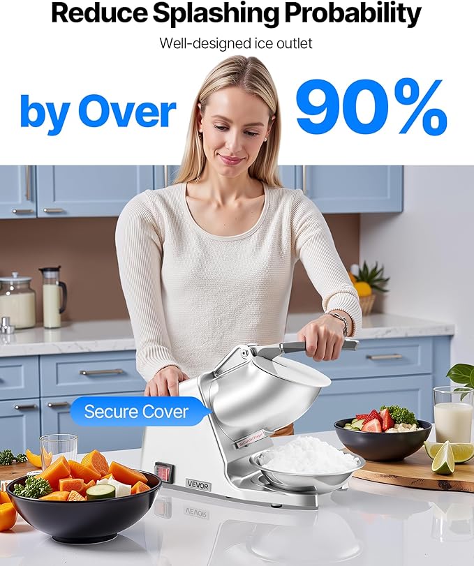 VEVOR Ice Crusher Machine, 143lbs Per Hour Electric 2 Blades Snow Cone Maker, Stainless Steel Shaved Ice Machine with Bowl and Cover, 300W 2000RPM Ice-Shaver for Home and Commercial Use, Silver