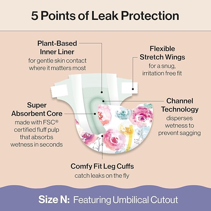The Honest Company Clean Conscious Diapers for Delicate Skin Up to 100% Leakproof Hypoallergenic Fragrance-Free Baby Girl Prints Club Box Size Newborn 72 Count (Prints May Vary)