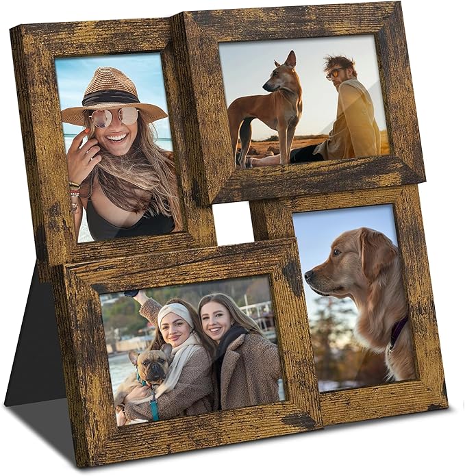 3.5x5 Picture Frame Tempered Glass Front Displays Four 3.5 x 5 Photos Frame Display for Tabletop and Wall Hanging Picture Frame Brown