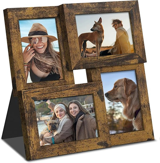 3.5x5 Picture Frame Tempered Glass Front Displays Four 3.5 x 5 Photos Frame Display for Tabletop and Wall Hanging Picture Frame Brown