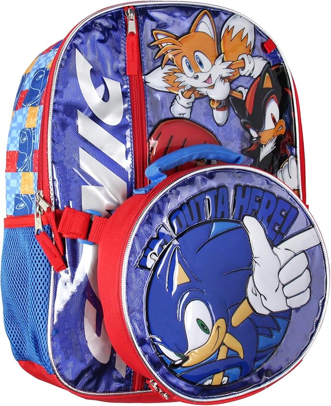 AI ACCESSORY INNOVATIONS Sonic The Hedgehog Backpack 16" Fast Molded Lunch Box Cinch Bag 5PC Set
