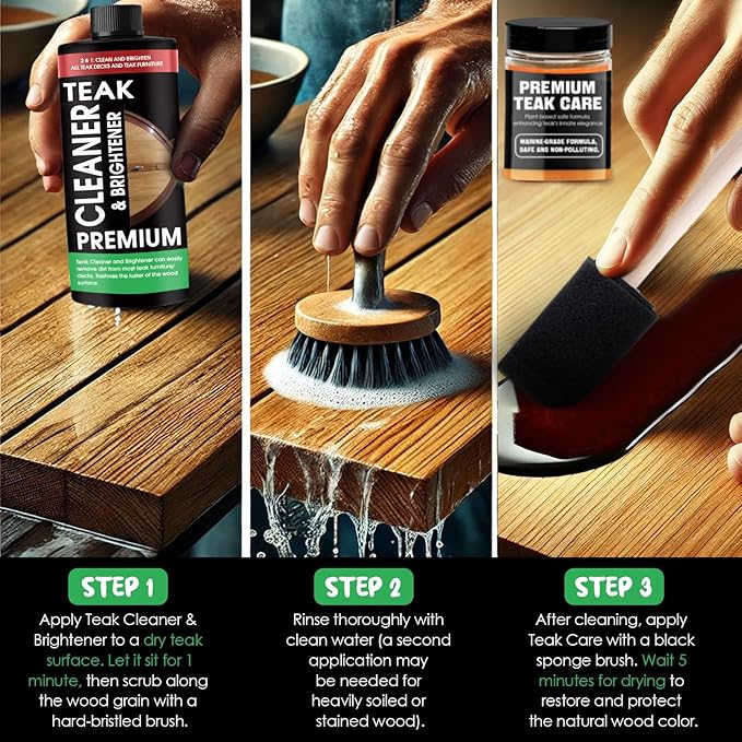 Teak Cleaner and Brightener Kit - Teak cleaner for wood outdoor furniture. Ideal for Boats, Decks, Patio & Fine Wood Furniture ｜Marine-Grade Teak Cleaner