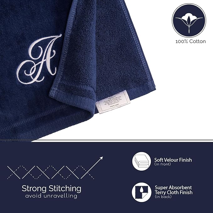 Creative Scents Navy Blue Monogrammed Towels with Initials - 4 Pack Super Absorbent Bathroom Fingertip Cotton Towel with Soft Velour Finish - Personalized Gifts for Freinds & Family 11"x18" Initial B