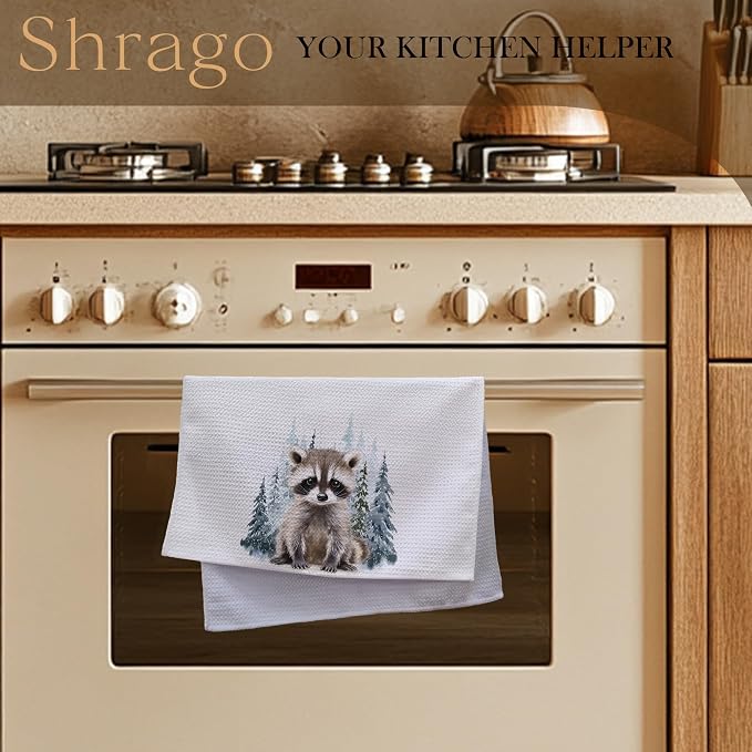 Winter Christmas Raccoon Kitchen Towels, Gifts for Raccoon Lovers Dish Tea Towels for Kitchen, Winter Pine Tree Forest Decorative Hand Towel for Kids Bathroom Decor, 16x24 Inch