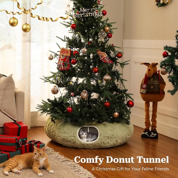 PEQULTI Green Donut Cat Tunnel Bed Washable Plush Mat for Multi Small Pets | Round play tube with soft detachable plush mat, multi-pet toy fit indoor cats, kittens, puppies, rabbits and ferrets