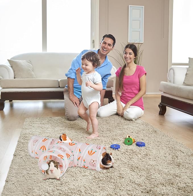 Rypet Guinea Pig Tunnel Hideout 3-Way Collapsible Pet Tubes, Carrot White | 3 Way Design for Exploration, Collapsible for Easy Storage, Built-in Play Ball, Hiding & Resting for Hamsters Ferrets