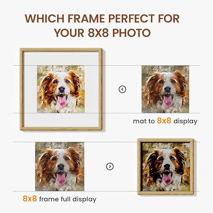 8x8 Picture Frame Natural Oak Wood From California-USA with Real Tempered Glass, Handcrafted 8 x 8 Photo Frame Matted to 4x4 Wedding Photo,Family Picture,Graduation Picture Display on Table & Wall