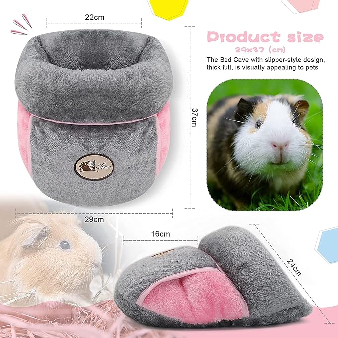 YUEPET Guinea Pig Bed, Warm Fleece Slipper-Shaped Cuddle Cave, Grey | Cozy Guinea Pig House, Portable Guinea Pig Hideout, Soft Coral Fleece, Washable Cushion, Folds Flat, Slipper Shape