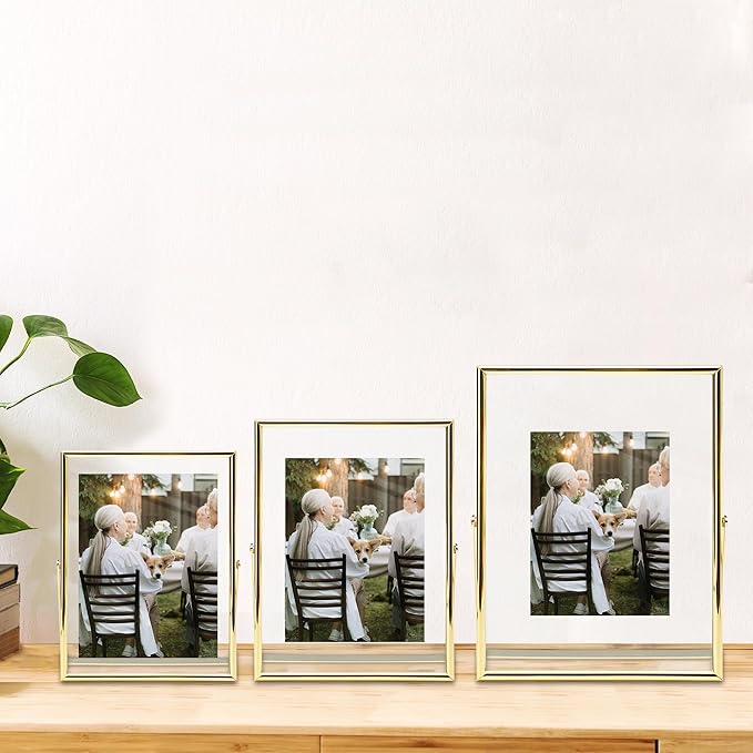 Vienrose Picture Frame for 5x7 4x6 3x5 Photos, Glass Floating Picture Frames, Gold Tabletop Photo Frame for Home Wedding Party Office Decor (6"x 8",2 Pack)