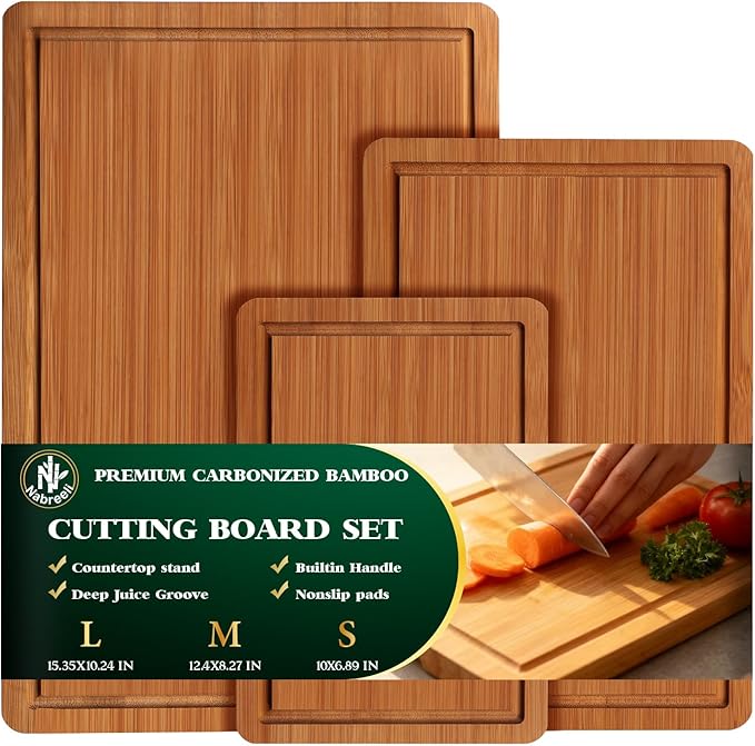 Bamboo Cutting Boards Set (3 Sizes) with Non-Slip Feet, Juice Groove & Handles - Non-Toxic Wood Chopping Boards for Meat, Veggies - Ideal Kitchen Gift for Home(S+M+L)