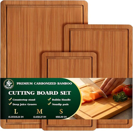 Bamboo Cutting Boards Set (3 Sizes) with Non-Slip Feet, Juice Groove & Handles - Non-Toxic Wood Chopping Boards for Meat, Veggies - Ideal Kitchen Gift for Home(S+M+L)