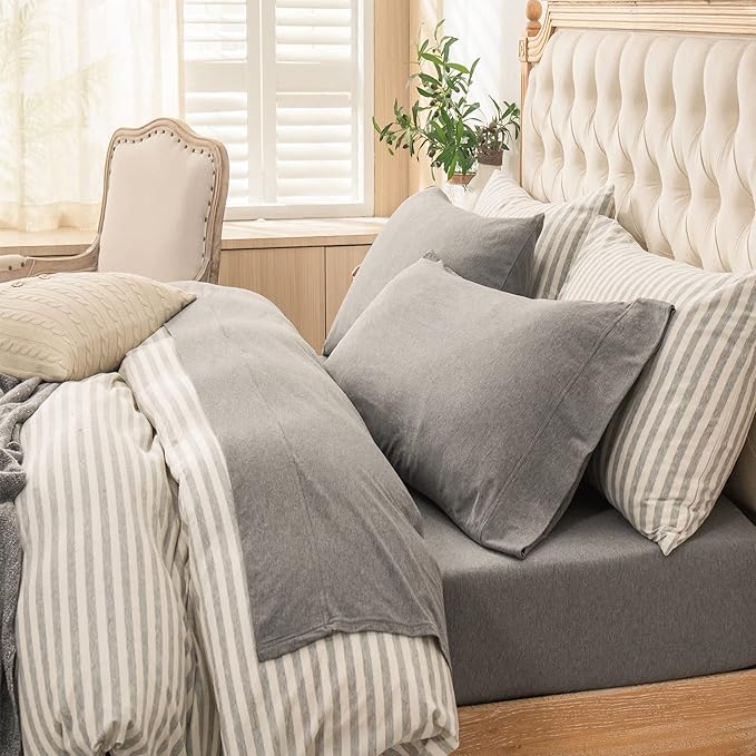 PURE ERA Jersey Knit 4pc Bed Sheet Set 100% T-Shirt Heather Cotton Super Soft Comfy Breathable Fits Mattress Up to 20" Extra Deep Pocket (Heather Dark Grey, Queen)