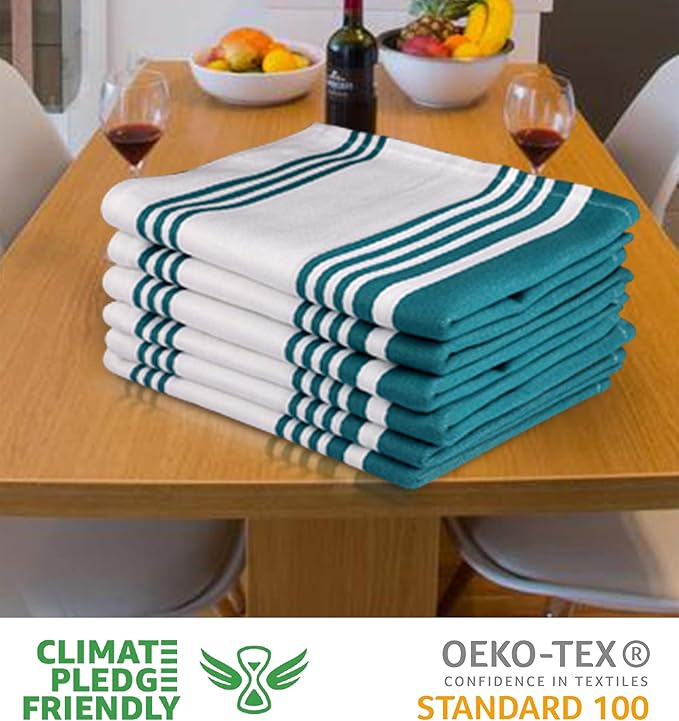 Urban Villa Kitchen Towels 100% Cotton Pack of 6, Highly Absorbent Quick Drying Super Soft Premium Dish Towels for Kitchen with Hanging Loop Hand & Tea Towels - 20x30 Inch, (Teal & White, Striped)