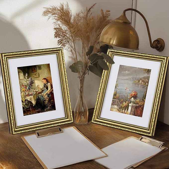 eletecpro 8x10 Picture Frames Set of 4, Vintage Photo Frame with Glass, Gold Frames 8 x 10 Display 5x7 Photo with Mat or 8x10 without Mat for Tabletop or Wall Decor, Gold