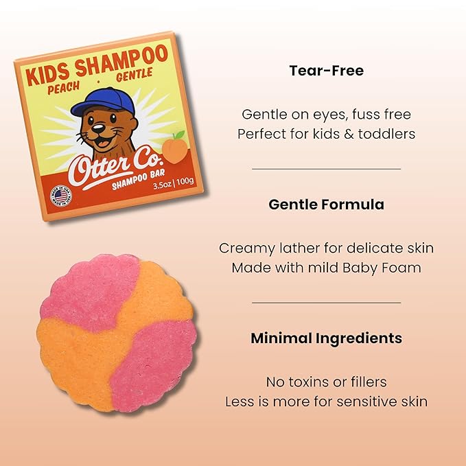 Otter co. Kids Gentle Peach Shampoo Bar – Tear Free Toddler Shampoo – Sulfate Free & Non Toxic – Made with Organic Ingredients – Vegan, Cruelty Free, Natural & Hydrating for All Hair, Made in USA