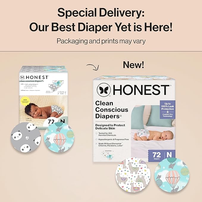 The Honest Company Clean Conscious Diapers for Delicate Skin Up to 100% Leakproof Hypoallergenic Fragrance-Free Baby Gender Neutral Prints Club Box Size Newborn 72 Count (Prints