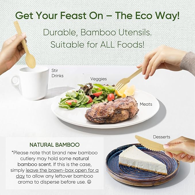 Premium Pre-Rolled Napkin and Bamboo Cutlery Set (100 Pack, 400 PCS) 100% Biodegradable, Eco-Friendly, Disposable Wrapped Cutlery - Includes Pre-Wrapped Bamboo Forks, Knives, Spoons, Napkins