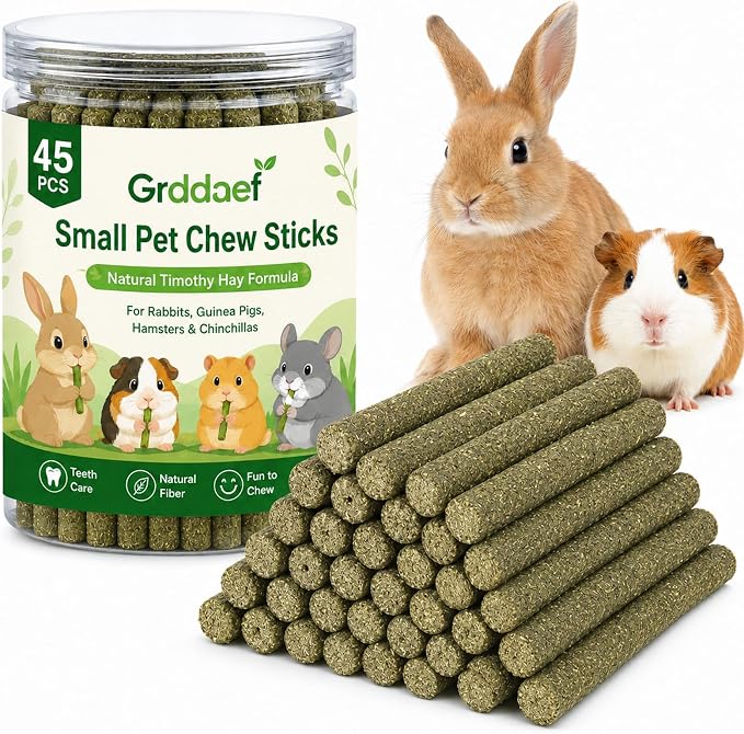 Grddaef 45Pcs Rabbit Toys, 300g Natural Timothy Grass Molar Teeth Stick Chew Toys for Chinchilla Rabbit Bunny Guinea Pig Treats