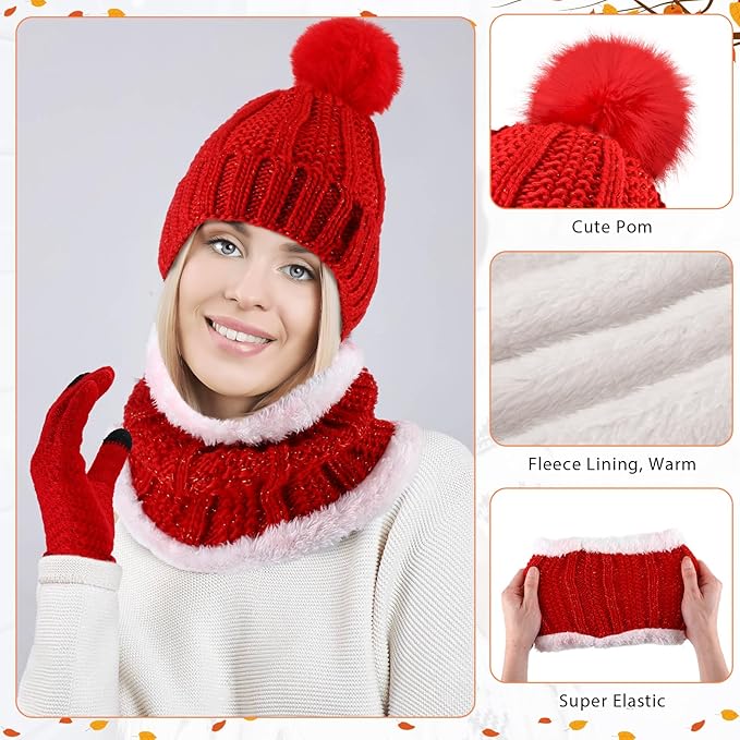 SATINIOR 5 Pcs Winter Hat Scarf Gloves Set Fleece Warm Lined Knit Beanie Hat Touch Screen Earmuff Gloves Warmer for Women(Red,Classic Style)