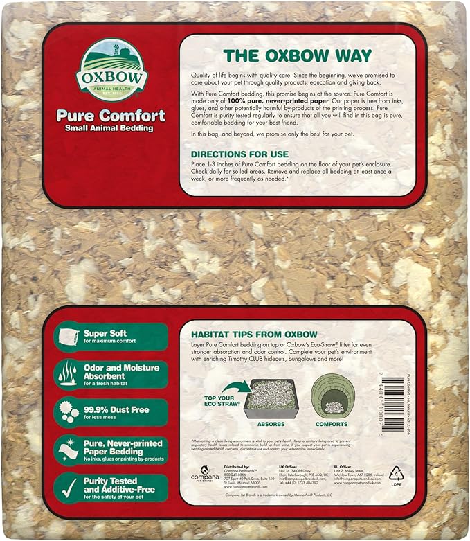 Oxbow Small Animal Bedding, Hamster, Guinea Pig, Rabbit, Blend, USA, 72 L | Pure Comfort, Hamster Bedding, Guinea Pig Bedding, Low Dust, Virgin Paper, Litter Box, Bunny, Rats, Gerbils, Chinchillas