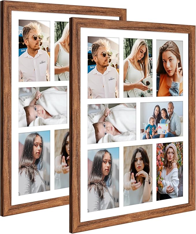 13x17 Collage frame with 8 Openings 4X6 Pictures, Multiple Picture Frame with Mat, Wall or Tabletop Decor, Carbonized Brown Wood Grain,2 Pack