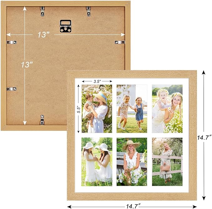 13x13 Collage frame with 6 Openings 4X6 Pictures, Multiple Picture Frame with Mat, Wall or Tabletop Decor, Natural Wood Grain,2 Pack