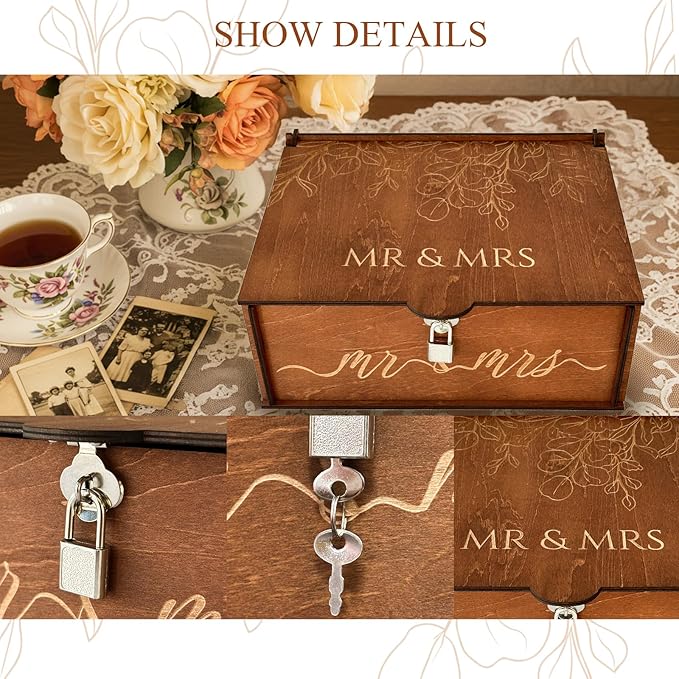 AerWo Wedding Keepsake Box, Wooden Storage Box Large with Lid and Lock, Assembled Keepsake Memory Box, Gift for Newlyweds Wedding Anniversary Engagement Photo Letter Time Capsule